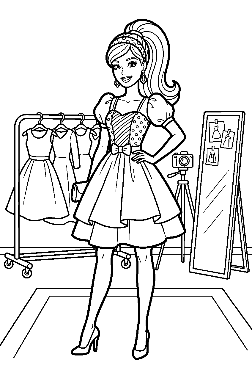 barbie wearing dress posing in fashion studio line art