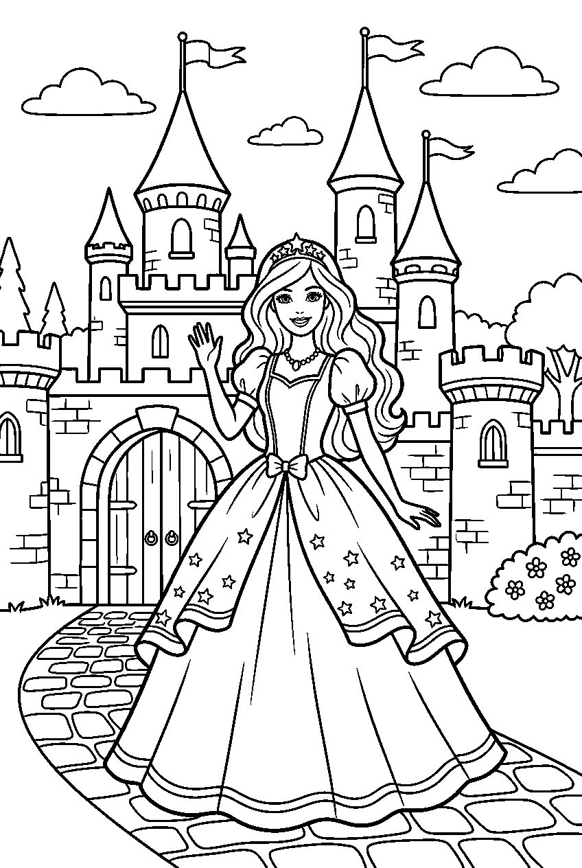 barbie wearing dress posing in princess castle line art
