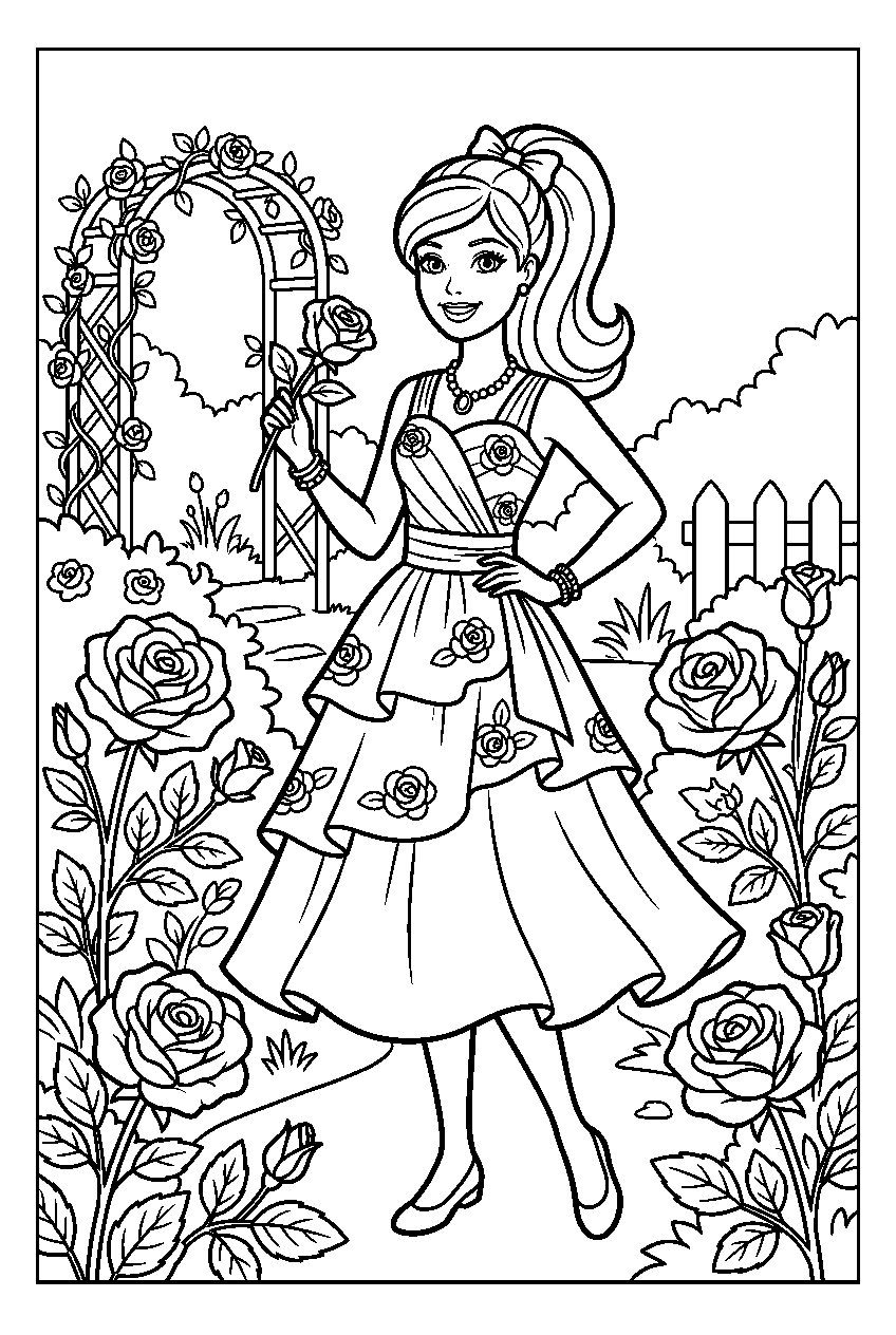 barbie wearing dress posing in rose garden line art