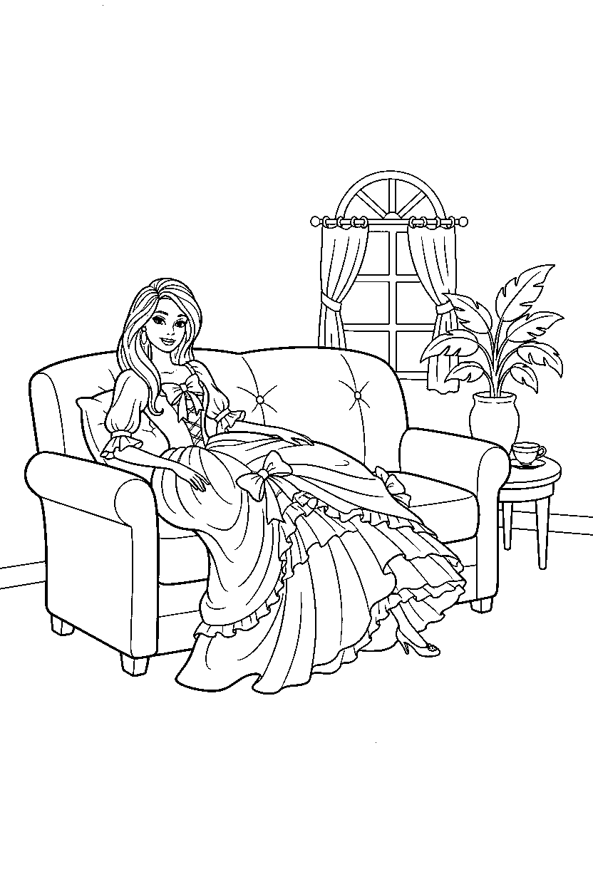 barbie wearing dress resting in house line art