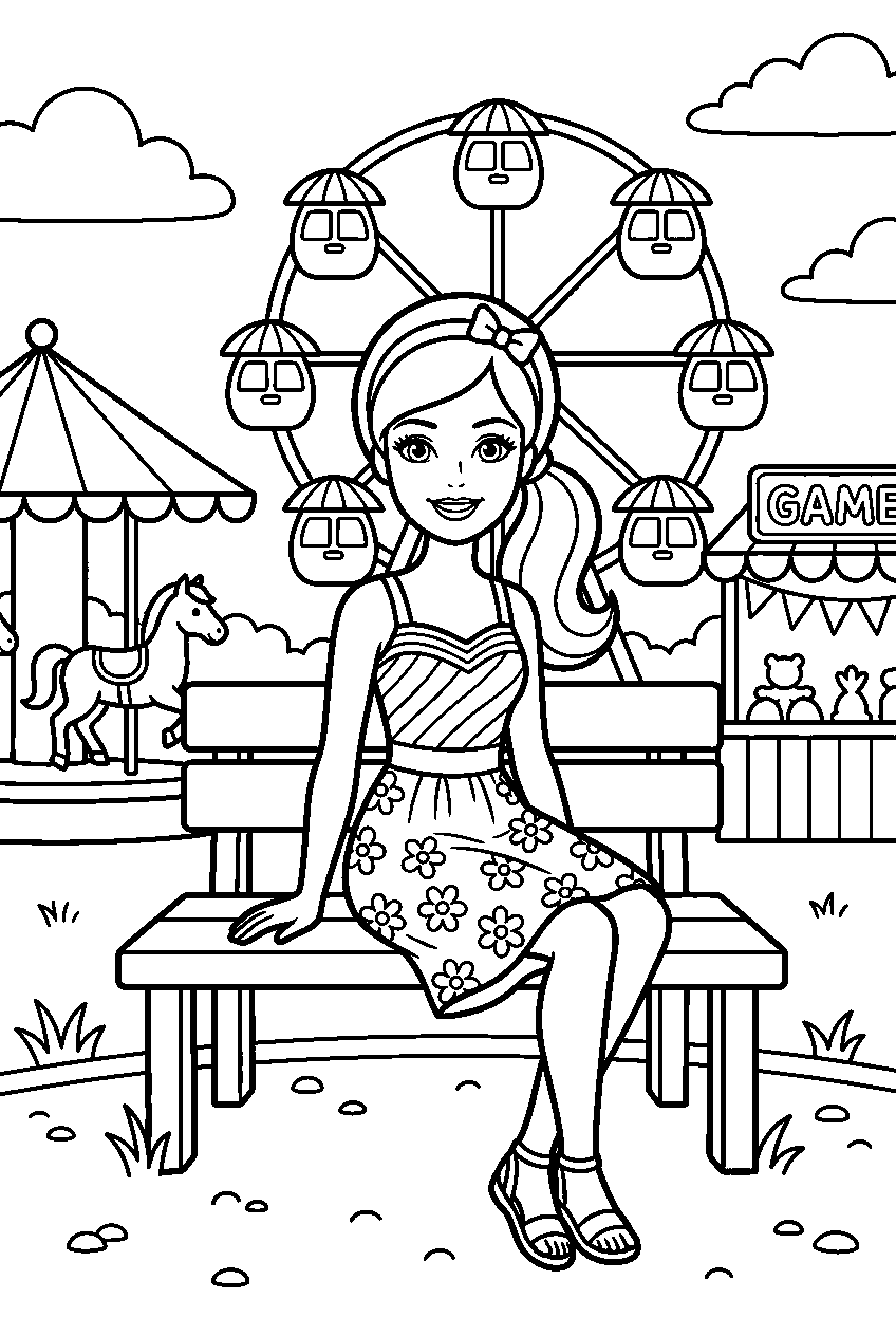 barbie wearing dress sitting in carnival grounds line art