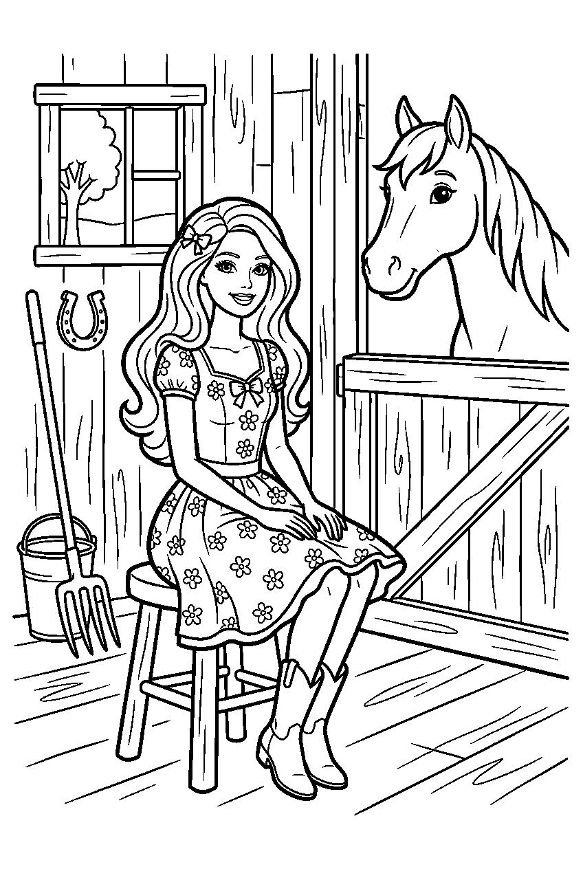 barbie wearing dress sitting in horse stable line art