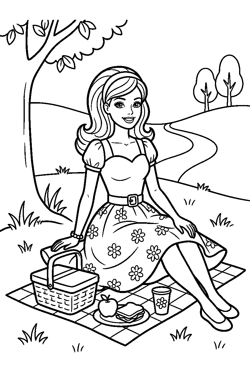 barbie wearing dress sitting in picnic area line art