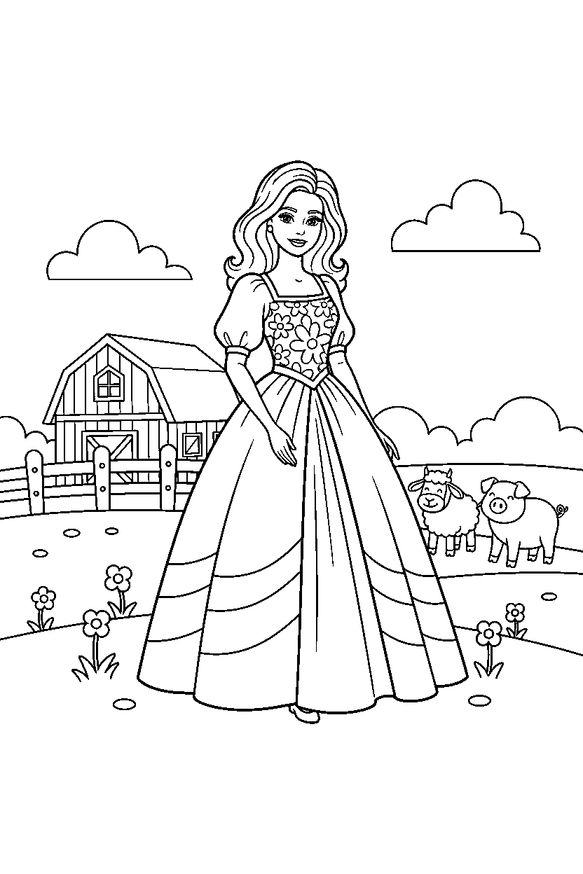 barbie wearing dress standing calmly in farm line art