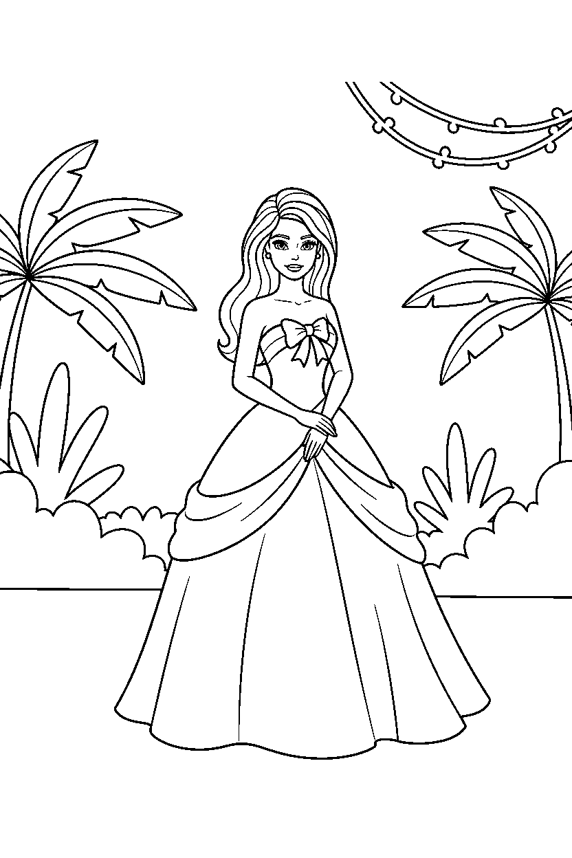 barbie wearing dress standing calmly in jungle line art