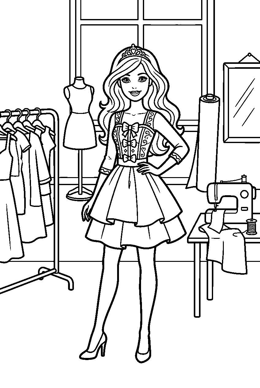 barbie wearing dress standing in fashion studio line art