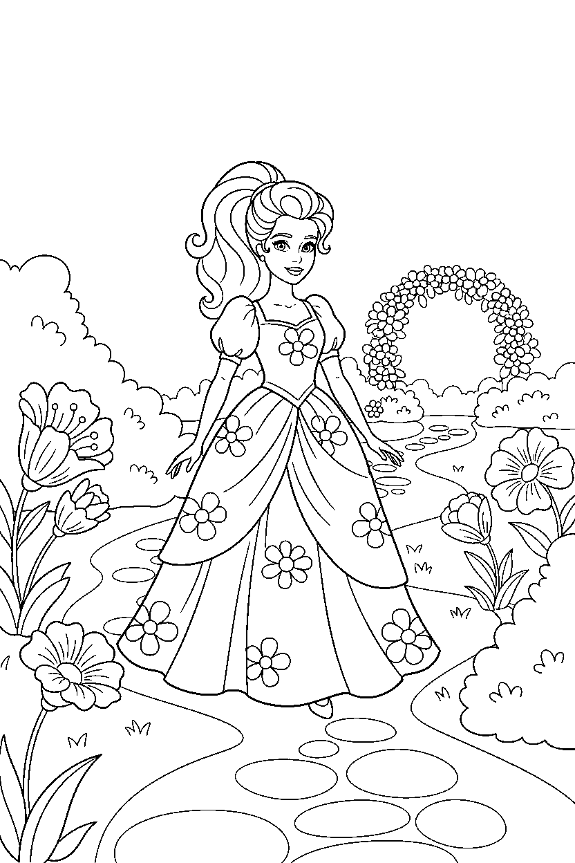 barbie wearing dress walking slowly in garden line art