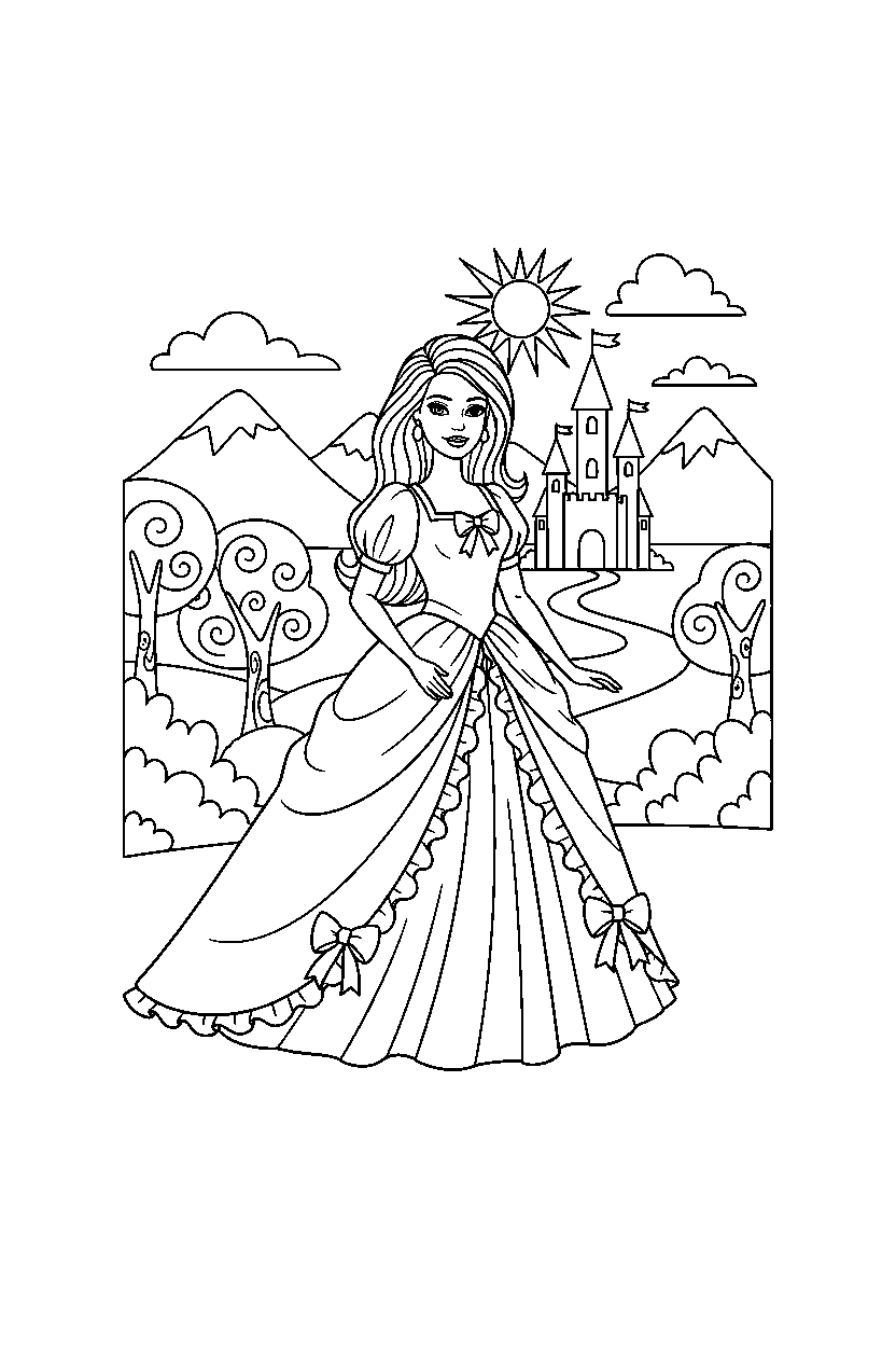 barbie wearing dress watching in adventure area line art