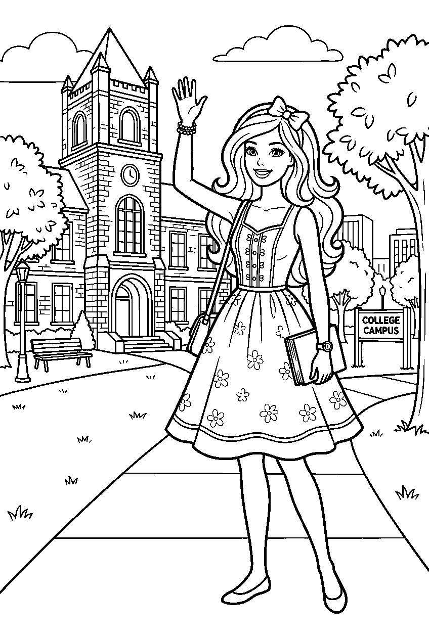 barbie wearing dress waving in college campus line art