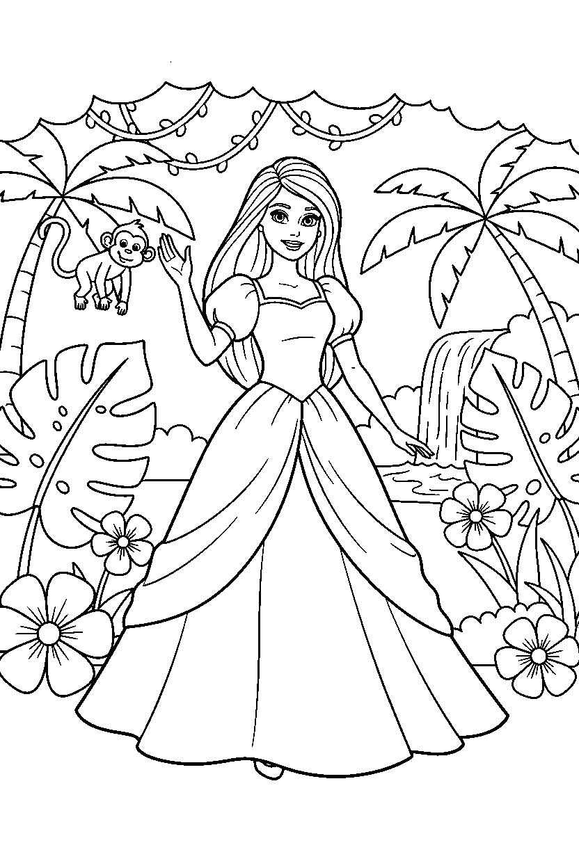 barbie wearing dress waving in jungle line art
