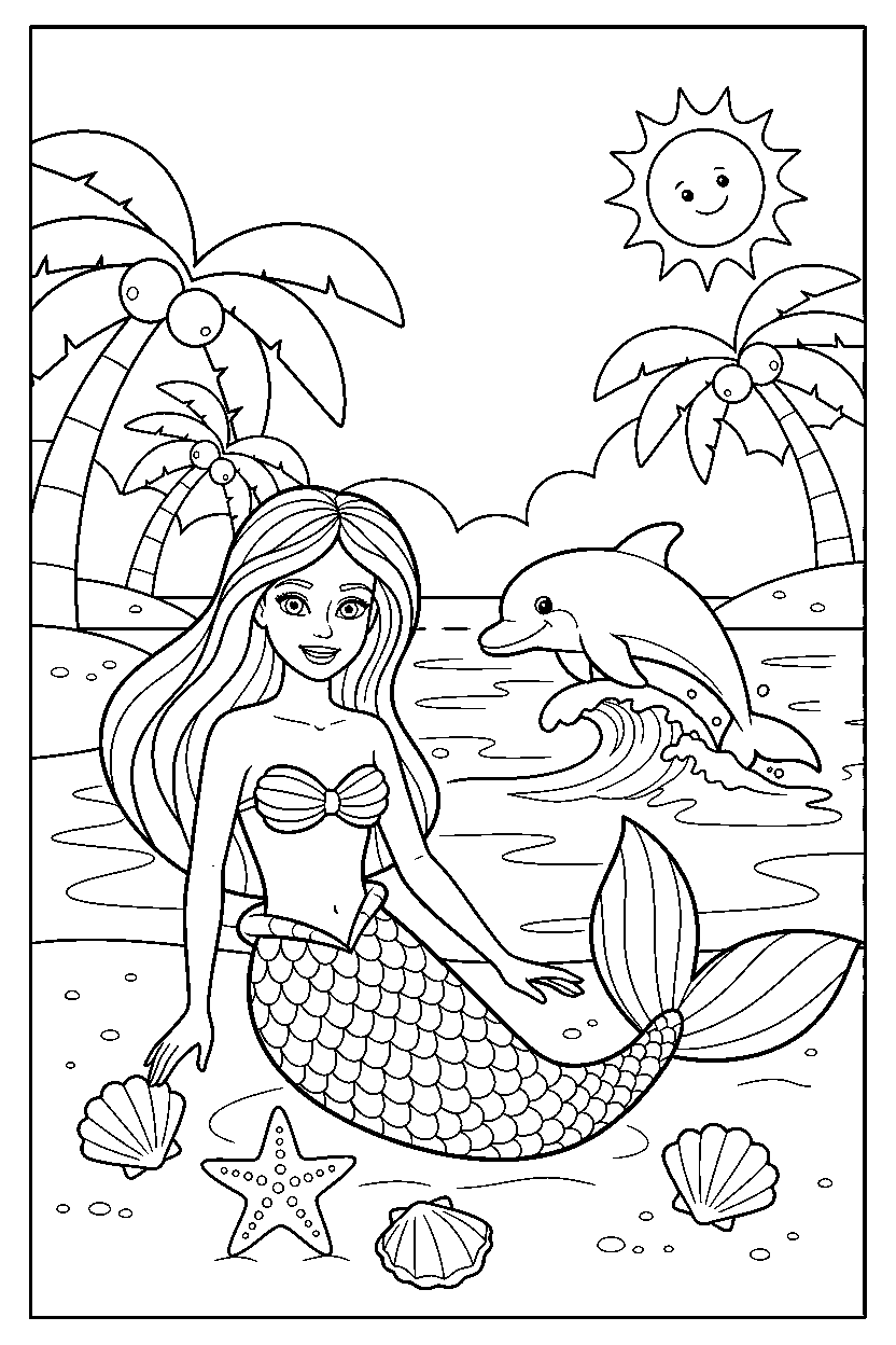 barbie mermaid exploring on beach line art