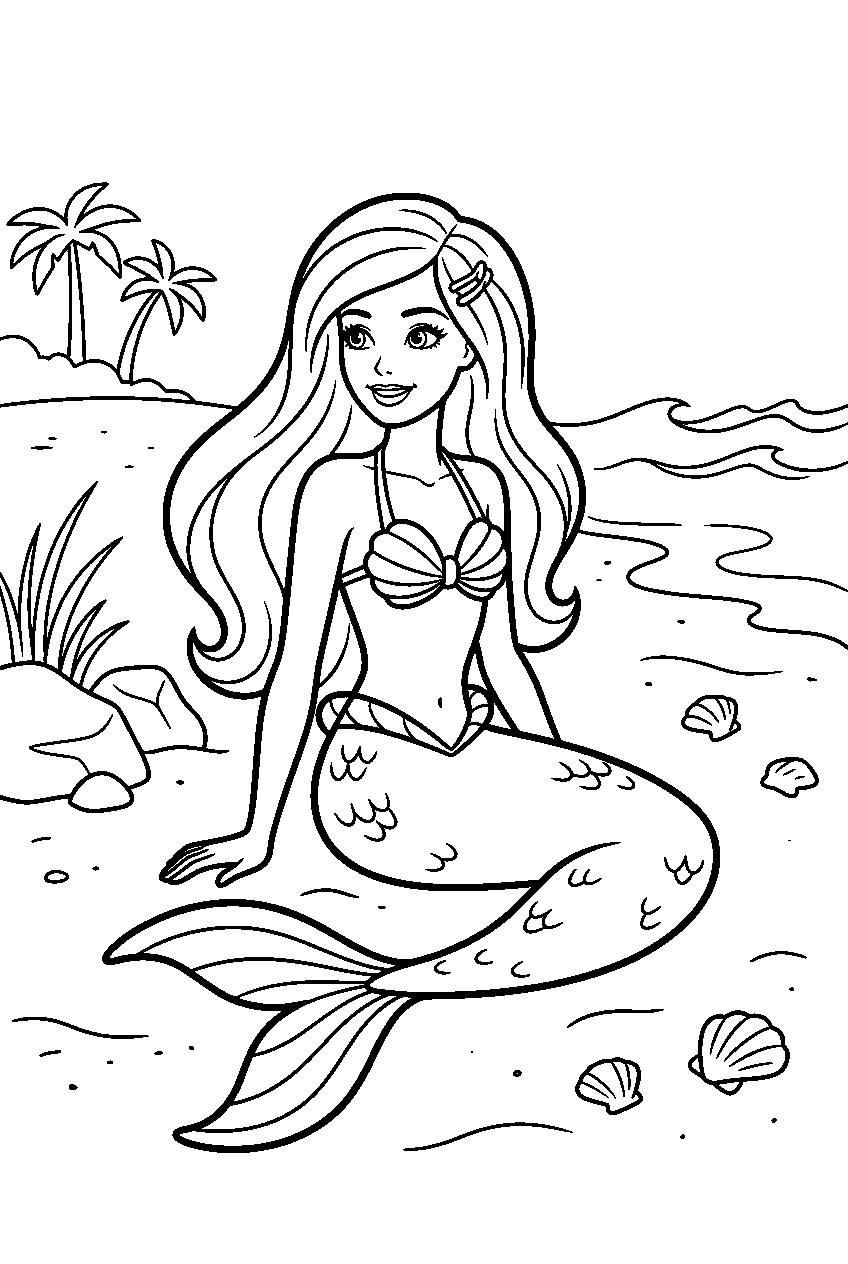 barbie mermaid looking around on sandy beach line art