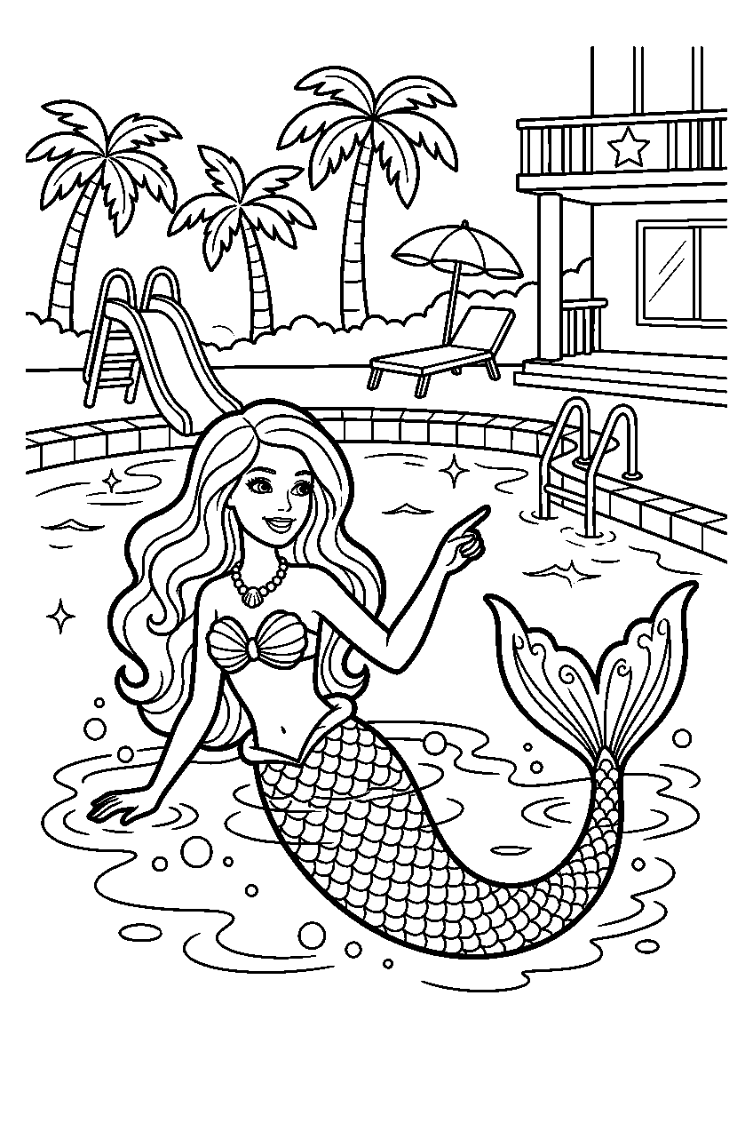 barbie mermaid pointing in dreamhouse pool area line art
