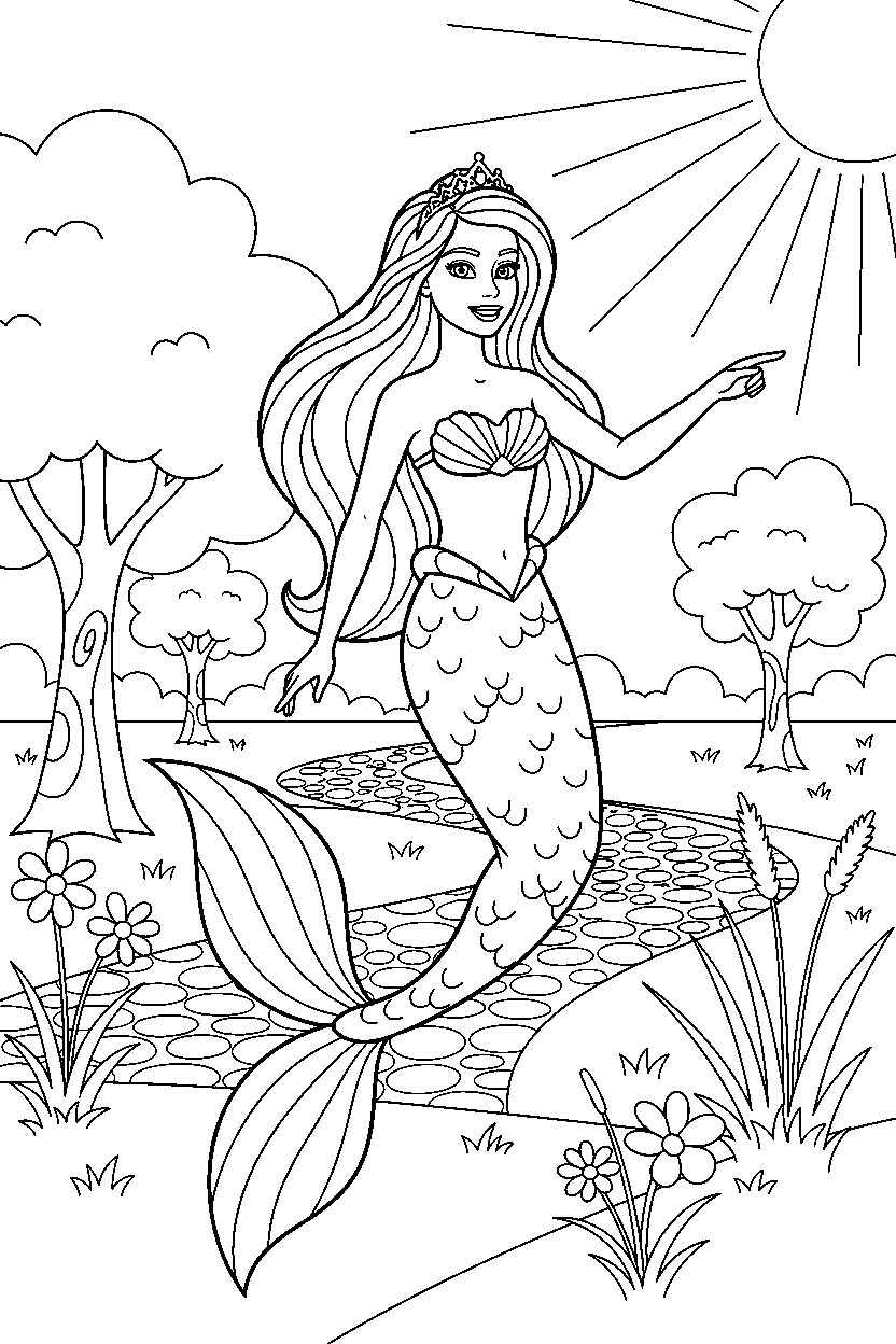 barbie mermaid pointing in park line art