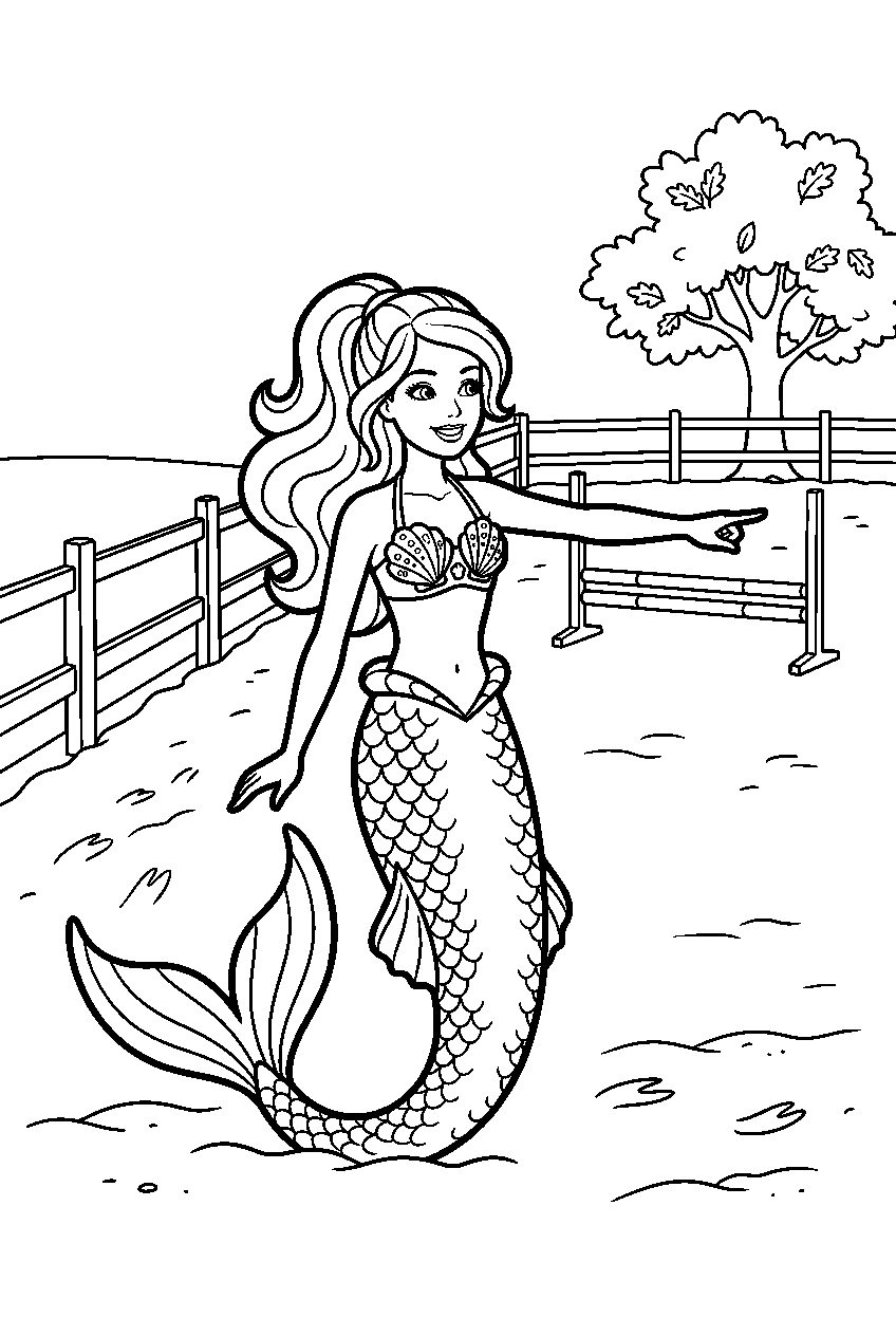 barbie mermaid pointing in riding arena line art