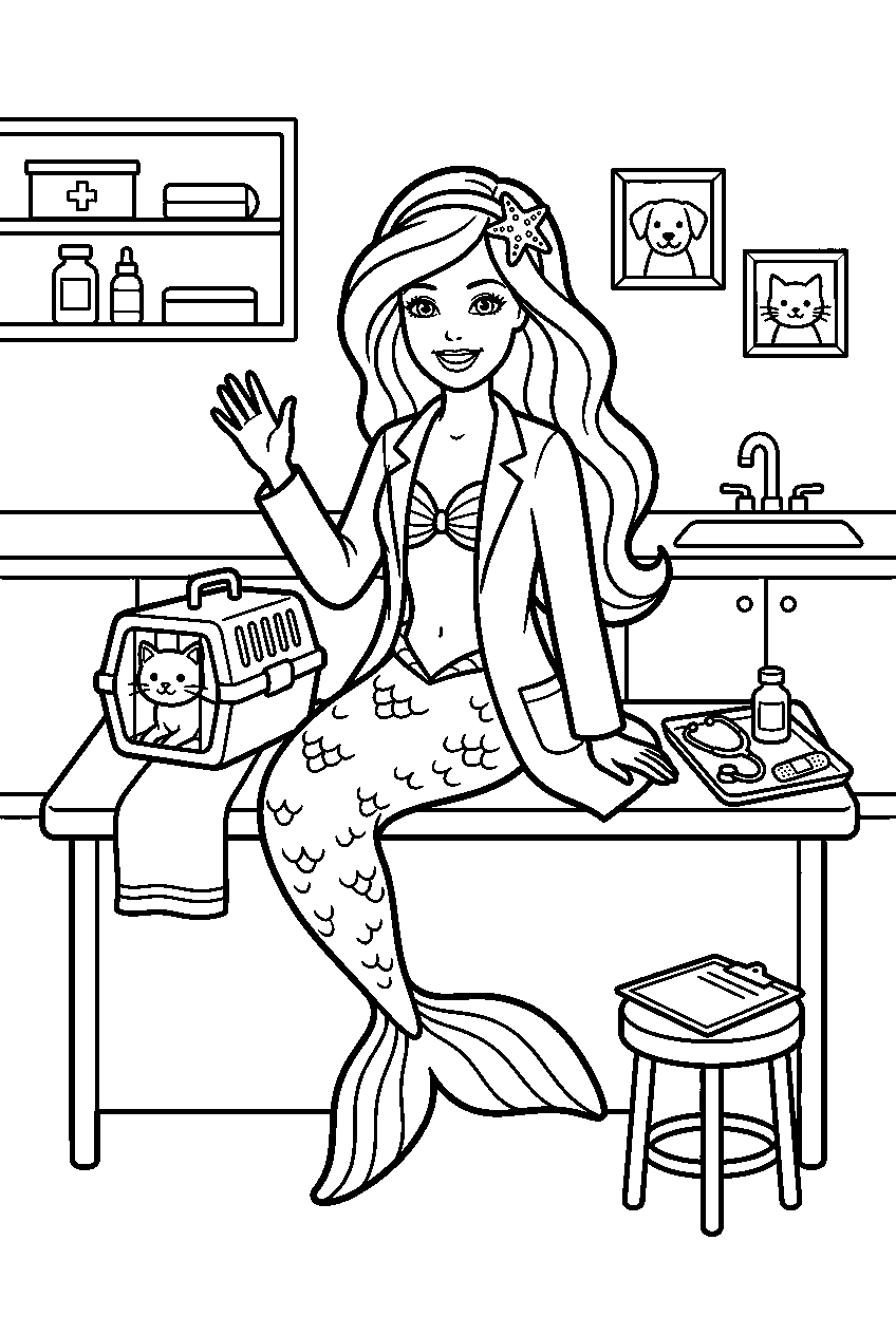 barbie mermaid posing in veterinary clinic line art