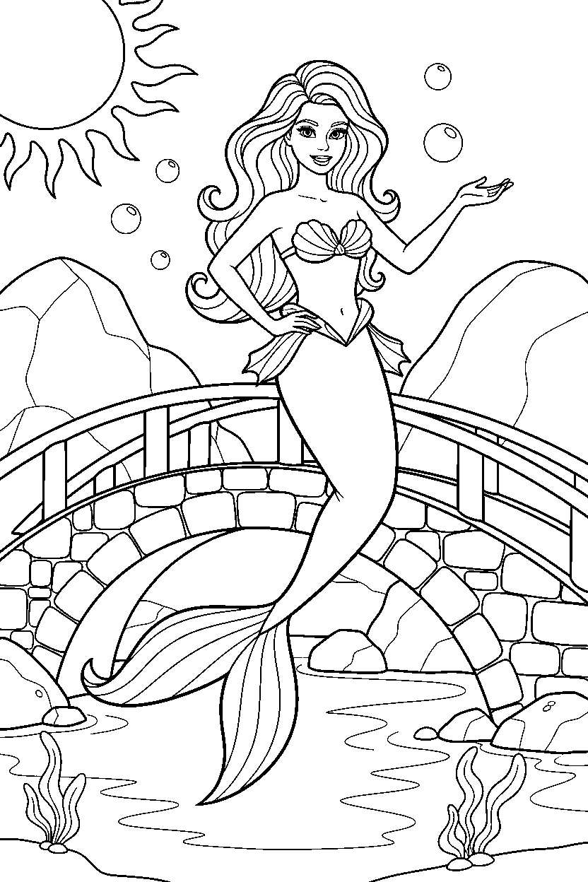 barbie mermaid posing on bridge line art