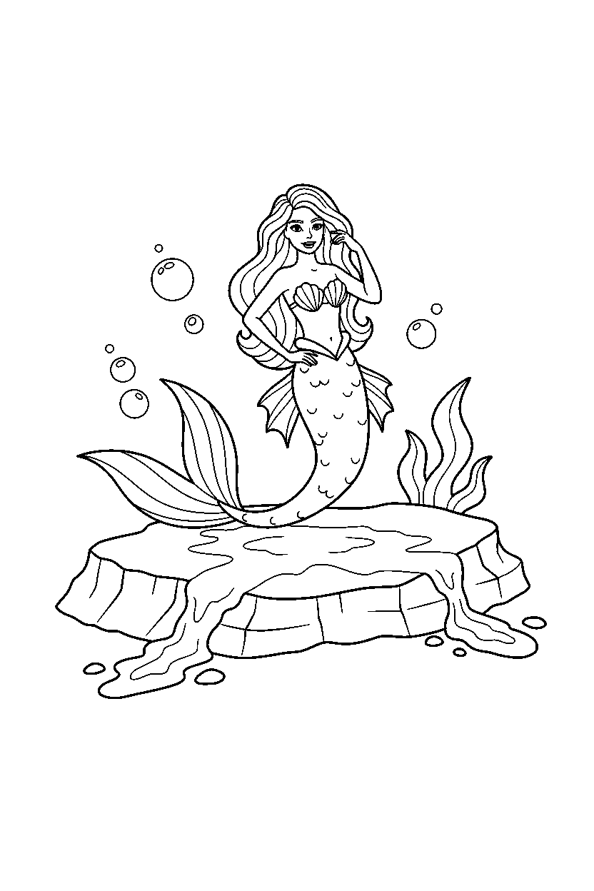 barbie mermaid posing on lava platform line art
