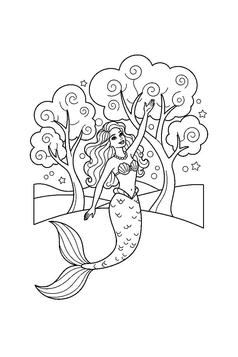 barbie mermaid reaching in trees line art