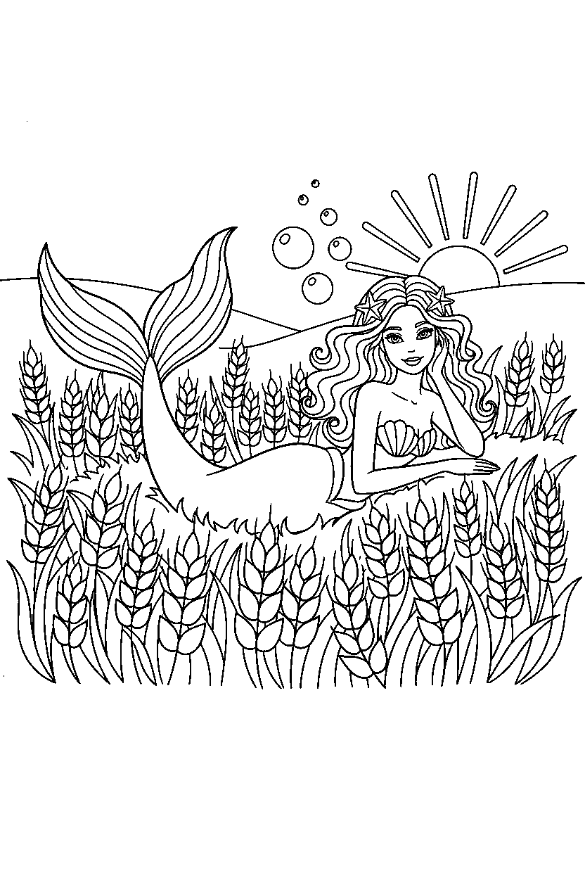 barbie mermaid resting in wheat field line art