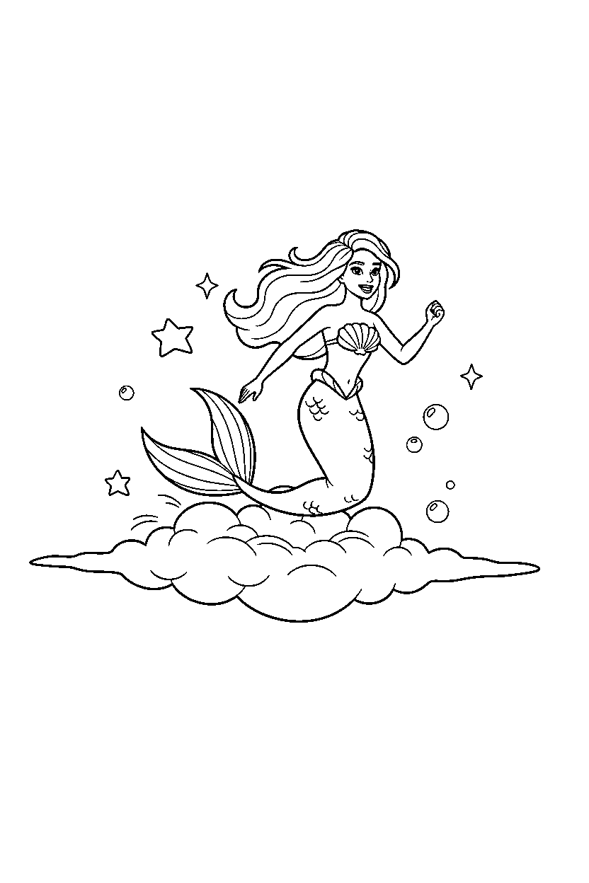 barbie mermaid running on cloud line art