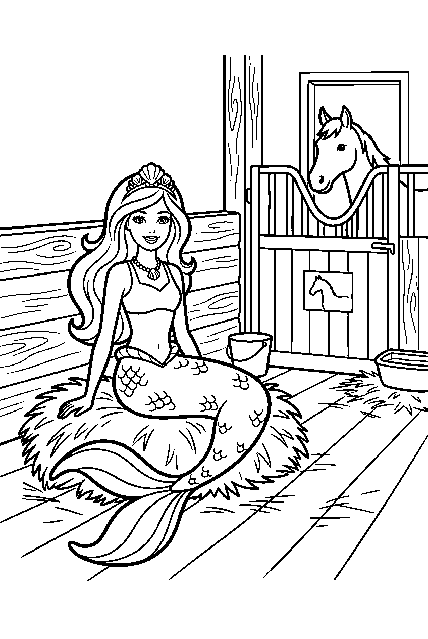barbie mermaid sitting in horse stable line art