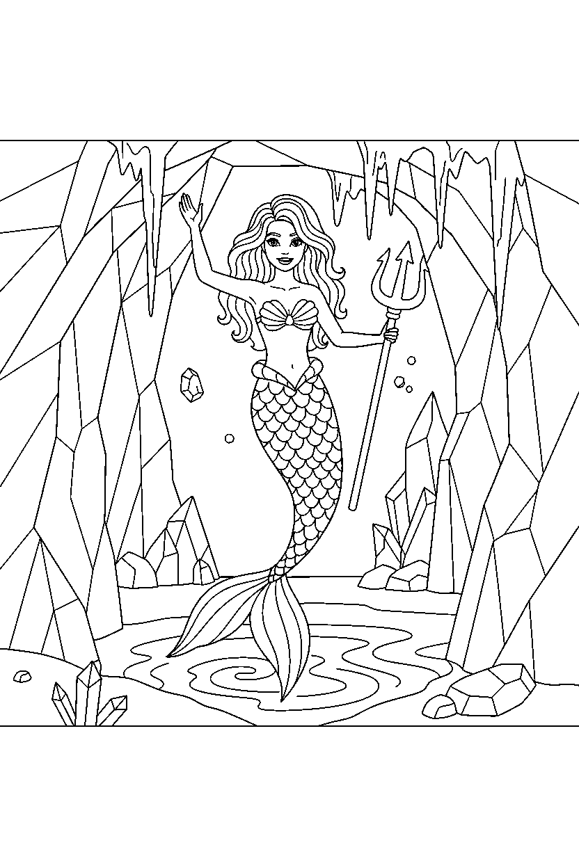 barbie mermaid standing in icy cave line art