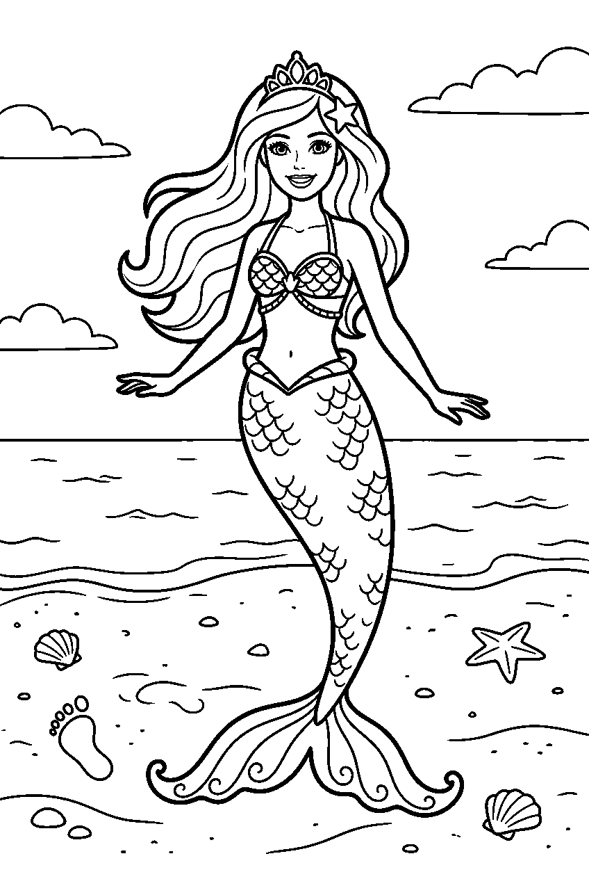 barbie mermaid standing on sandy beach line art