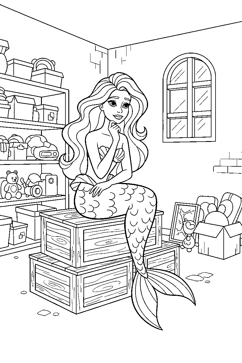 barbie mermaid thinking in storage room line art