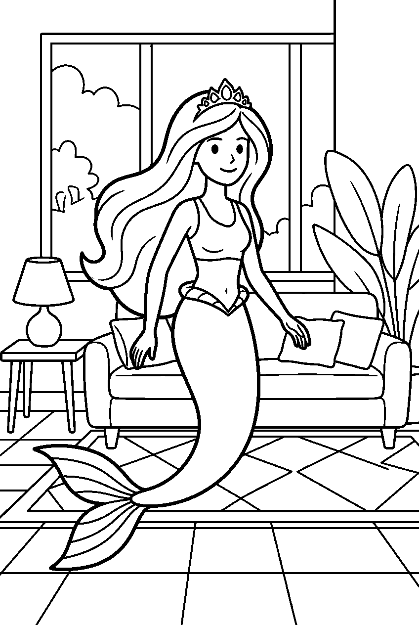 barbie mermaid walking in dreamhouse living room line art