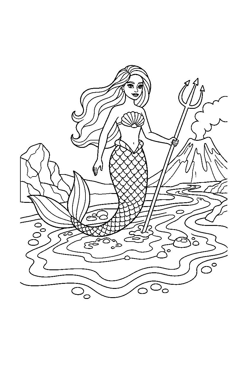 barbie mermaid walking in lava area line art