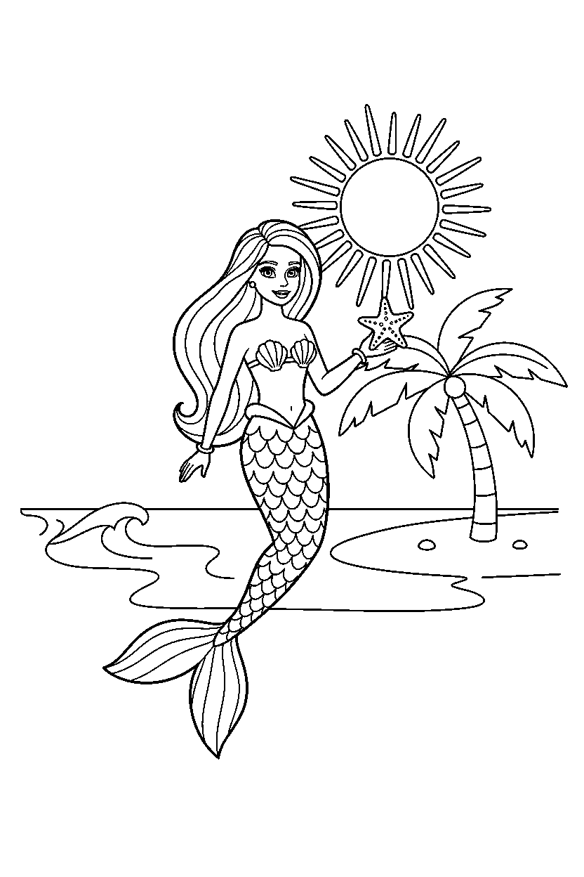 barbie mermaid walking on beach line art