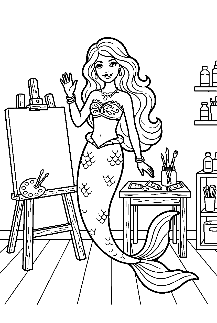 barbie mermaid waving in art studio line art