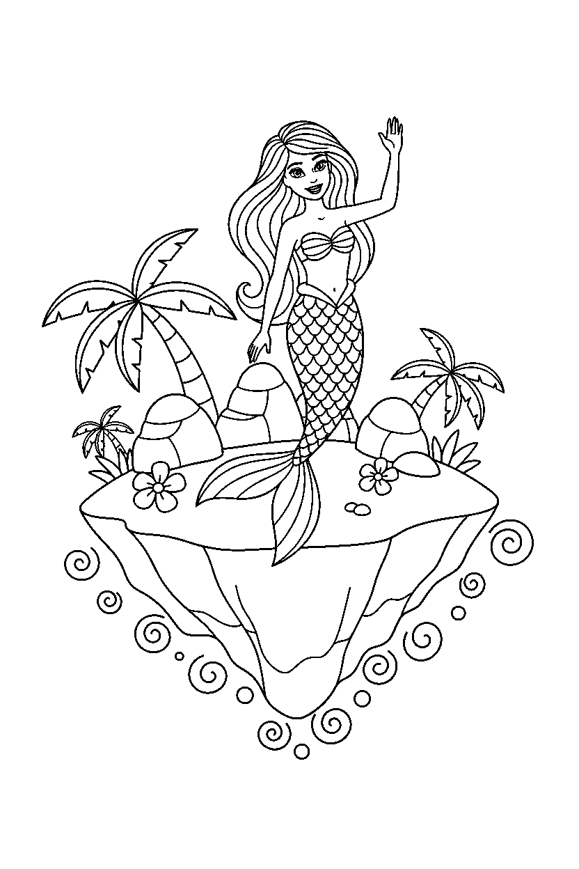 barbie mermaid waving in floating island line art