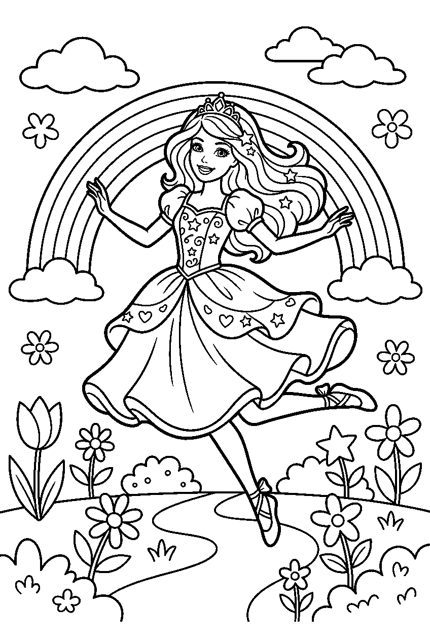 barbie princess jumping in rainbow garden line art