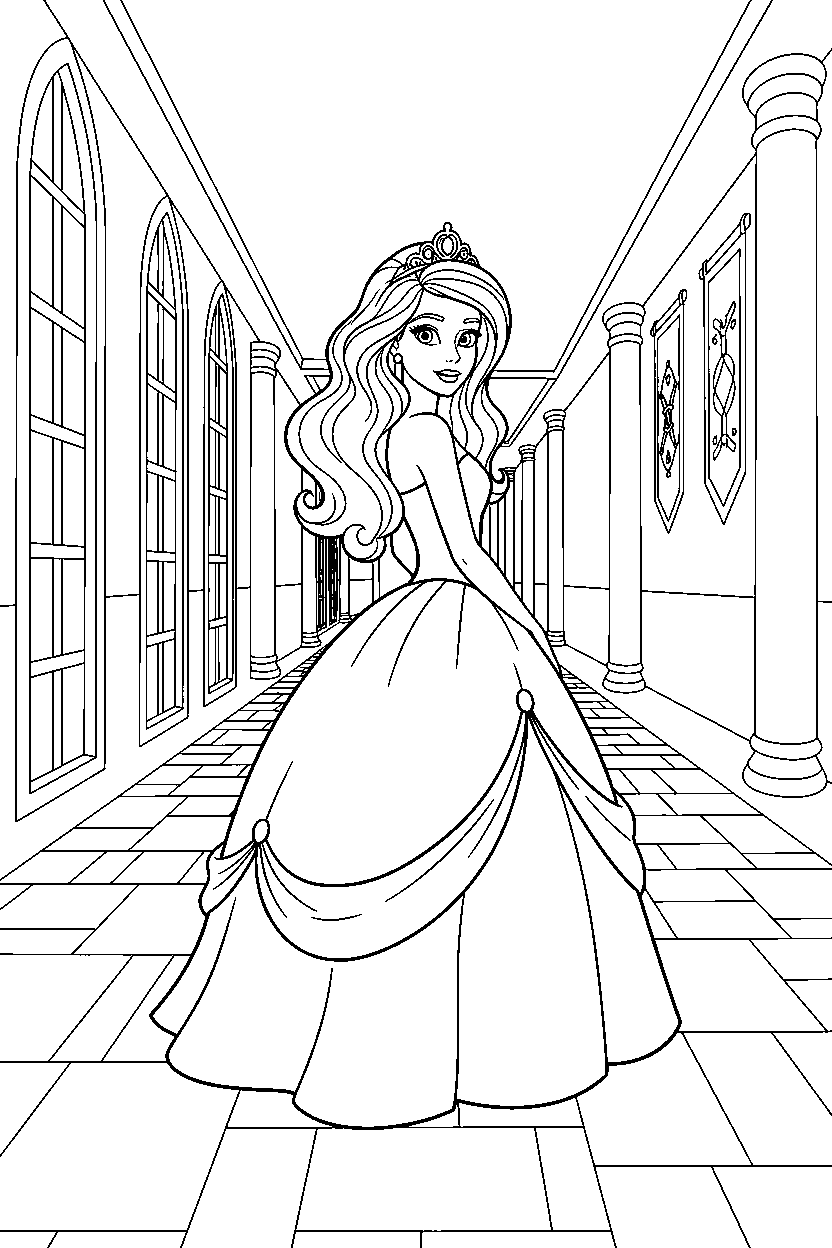 barbie princess looking around in hallway line art