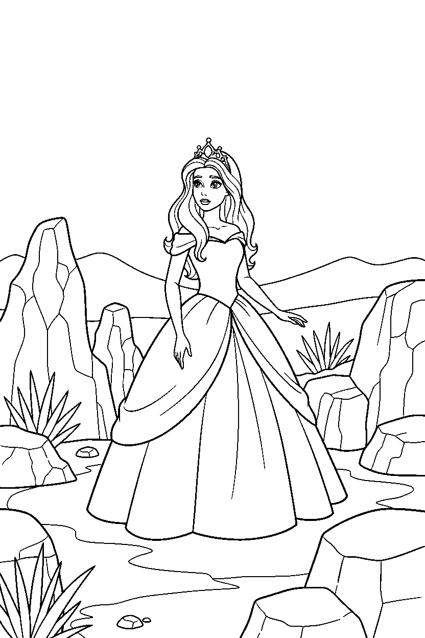 barbie princess looking around in rocky area line art