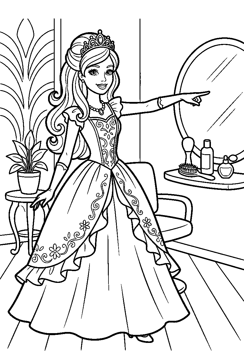 barbie princess pointing in beauty salon line art
