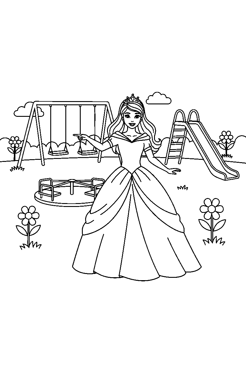 barbie princess pointing in playground line art