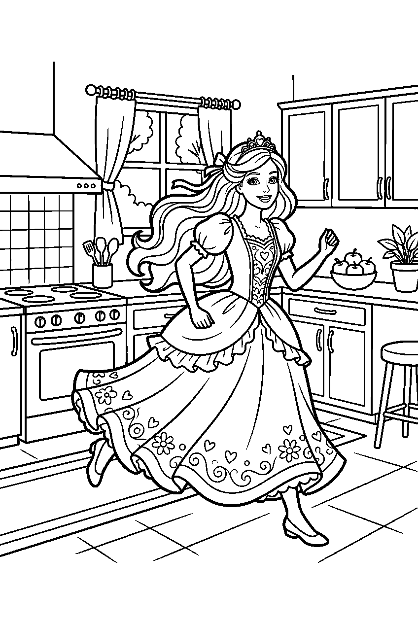 barbie princess running in dreamhouse kitchen line art
