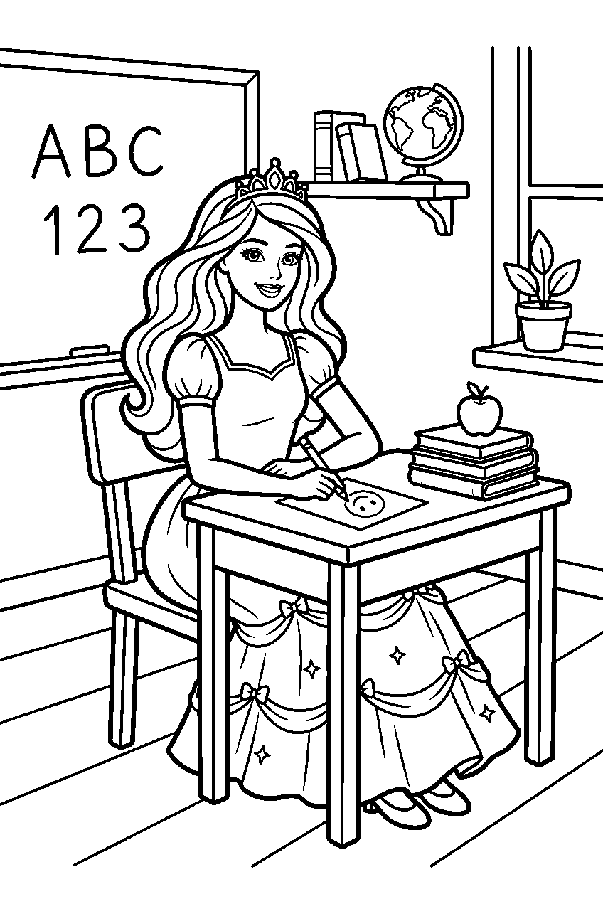 barbie princess sitting in school classroom line art