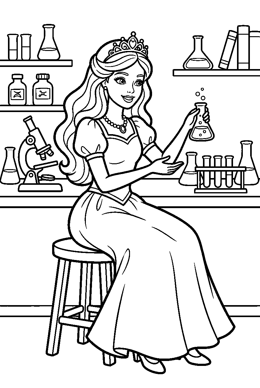 barbie princess sitting in science laboratory line art