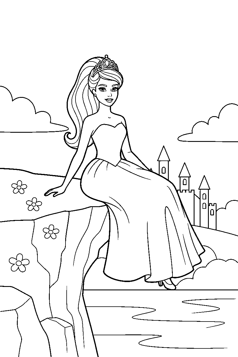 barbie princess sitting on cliff line art