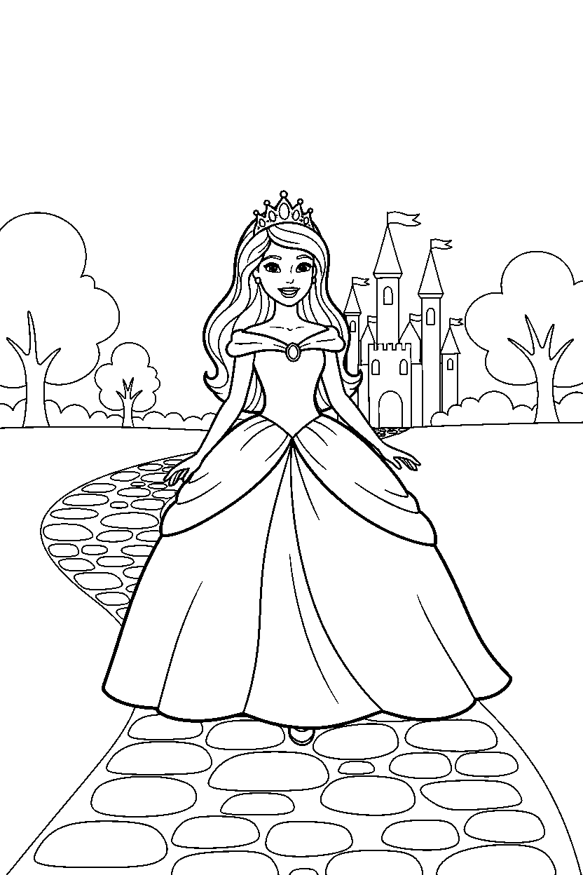 barbie princess smiling on pathway line art