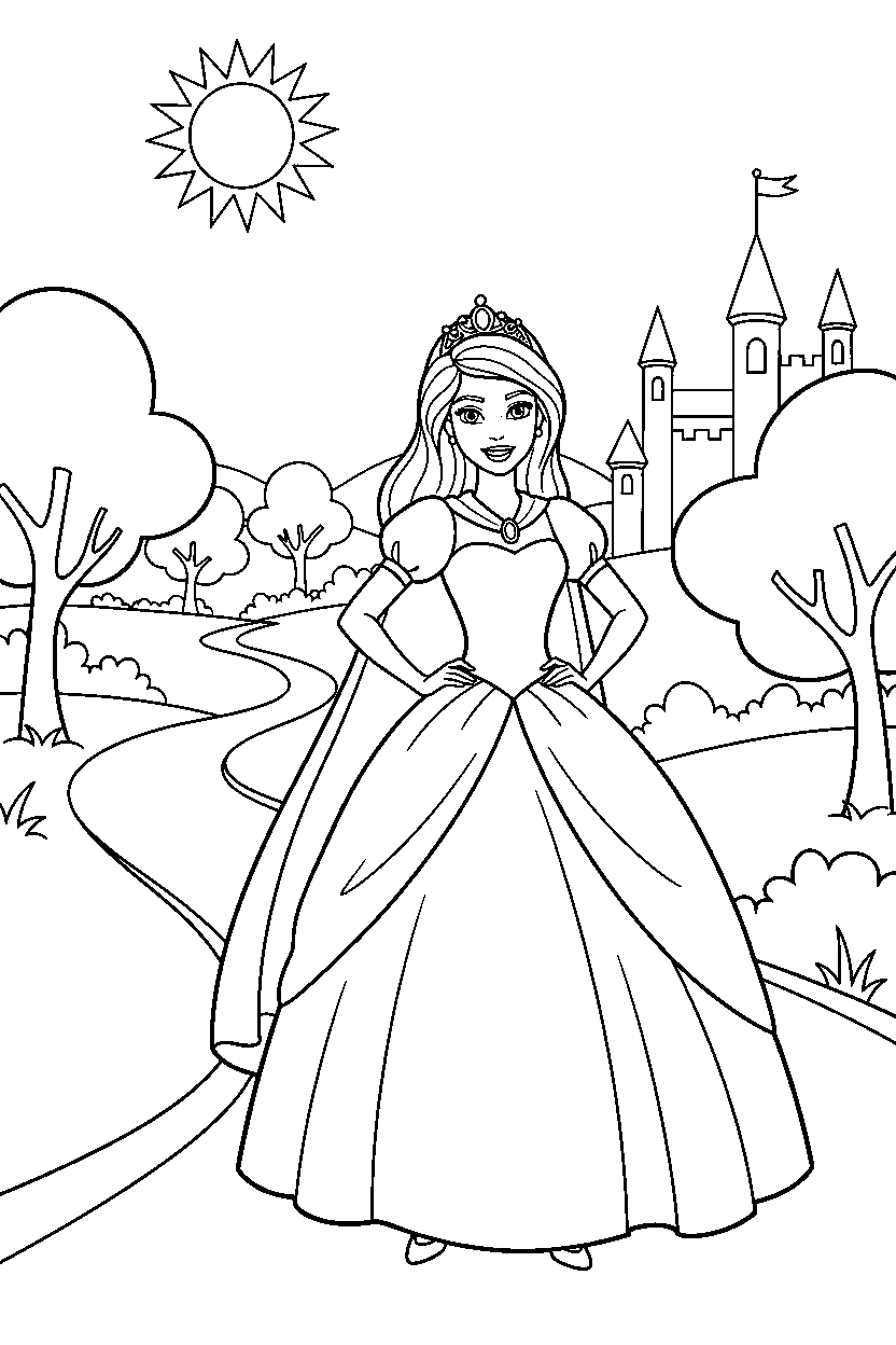 barbie princess standing confidently on road line art