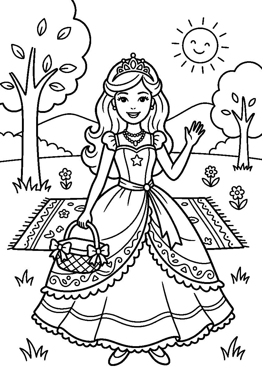 barbie princess standing in picnic area line art