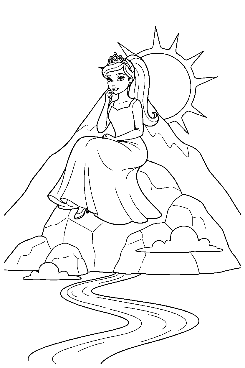 barbie princess thinking on mountain line art