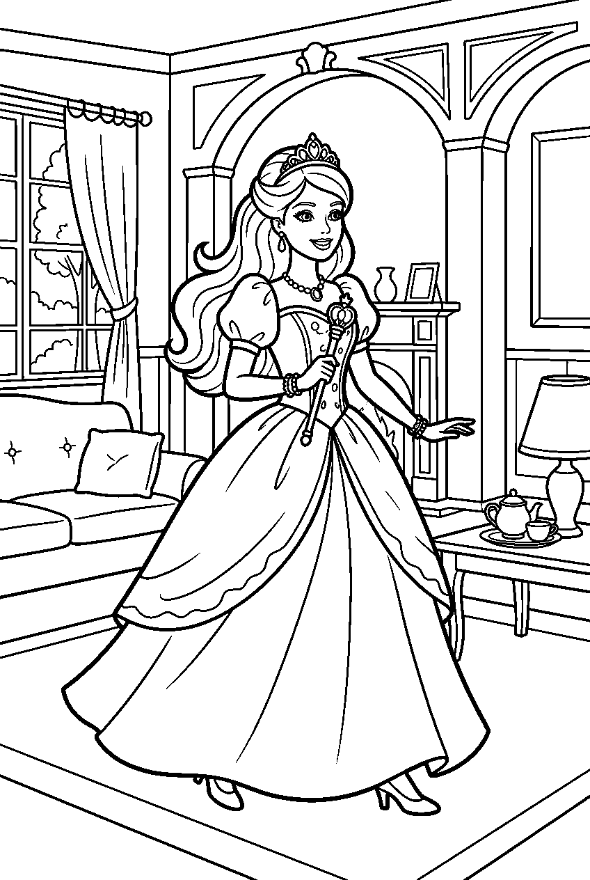 barbie princess walking in dreamhouse living room line art