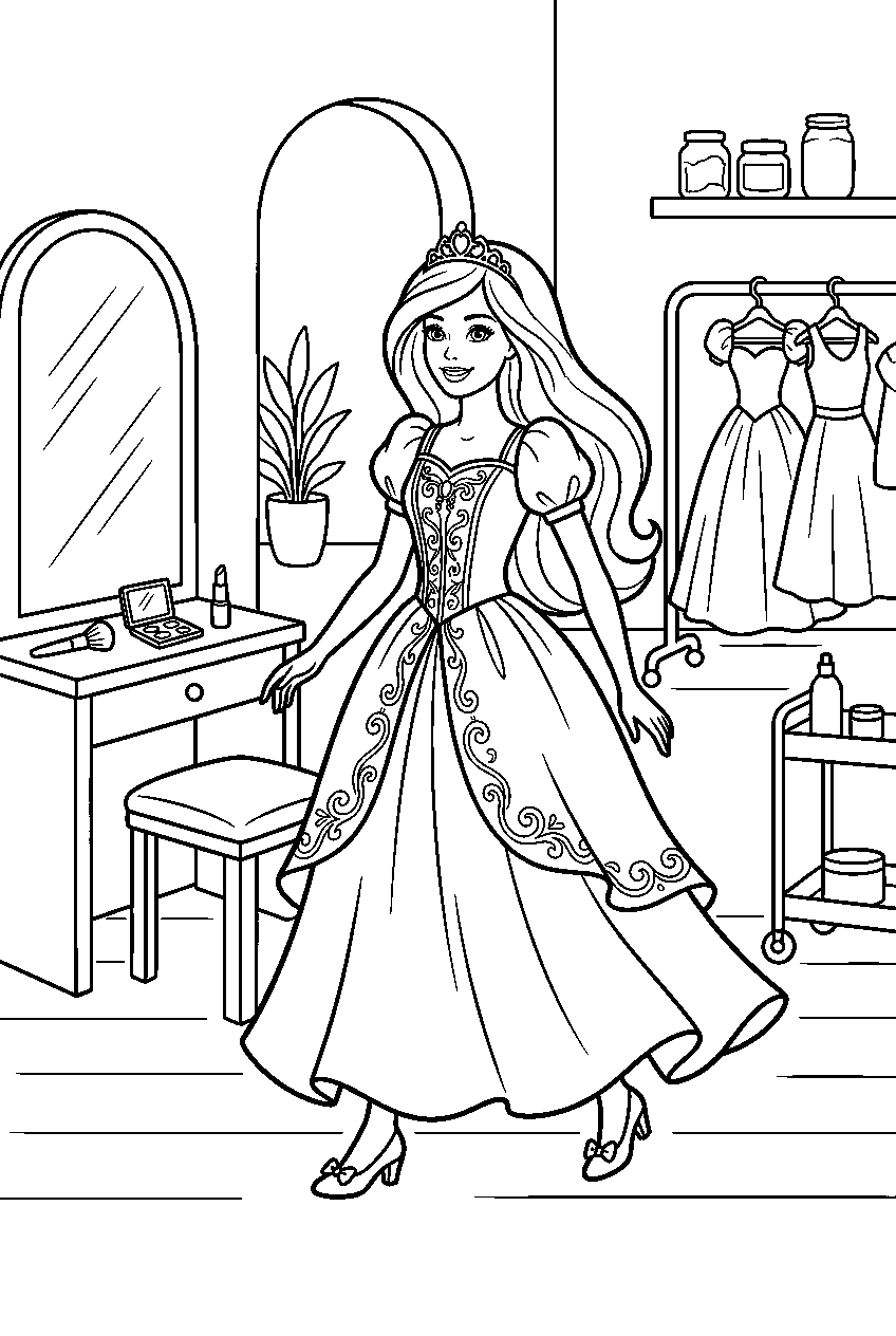 barbie princess walking in makeup studio line art