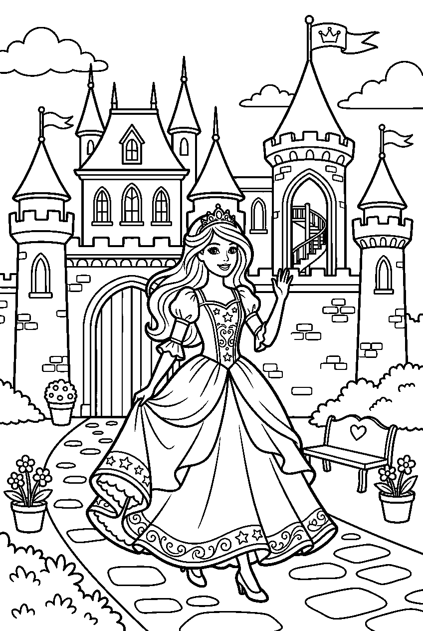 barbie princess walking in princess castle line art